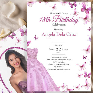 Invitation Papillons roses et robe Début 18e anniversaire
