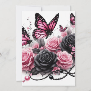Invitation Papillons roses et Roses aux perles noires