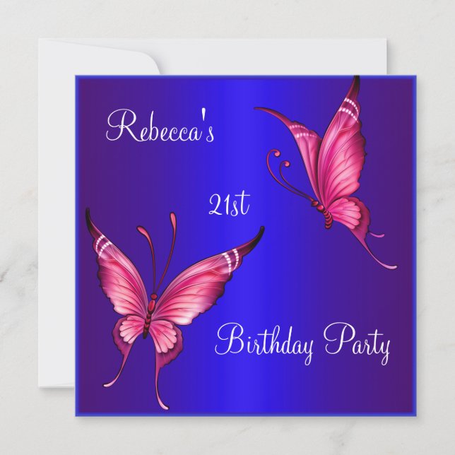 Invitation Papillons roses Fête d'anniversaire 21 ans Bleu (Devant)