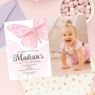 Invitation Papillons roses jolis aquarelle Premier anniversai