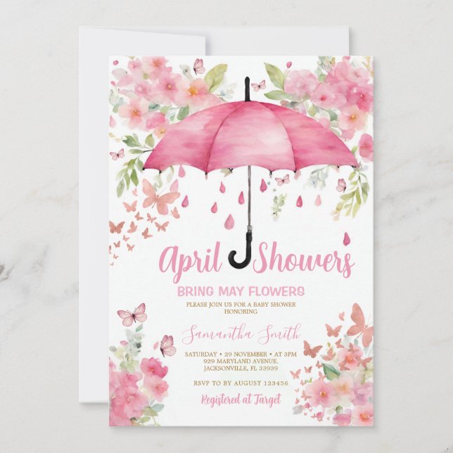 Invitation Papillons Roses Les Pluies d'Avril Font les Fleurs (Devant)