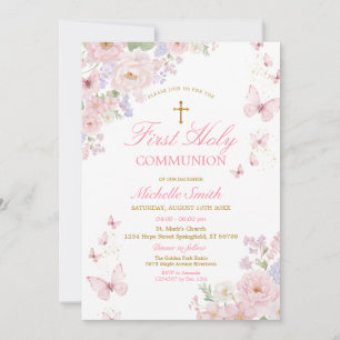 Invitation Papillons roses poussiéreux Floral Première Sainte