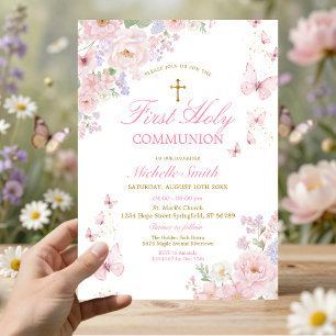 Invitation Papillons roses poussiéreux Floral Première Sainte