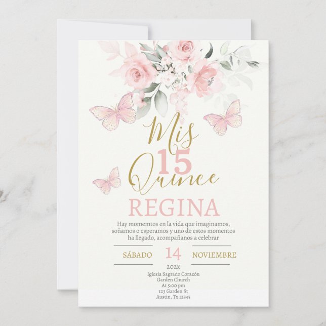 Invitation Papillons roses Quinceañera (Devant)