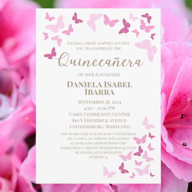 Invitation Papillons roses Quinceañera Gold Custom (Créateur téléchargé)