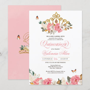 Invitation Papillons Roses roses Quinceanera Gold Tiara