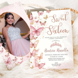 Invitation Papillons roses Sweet sixteen 16 Anniversaire Phot