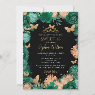Invitation Papillons Roses verts Noir Or doux 16