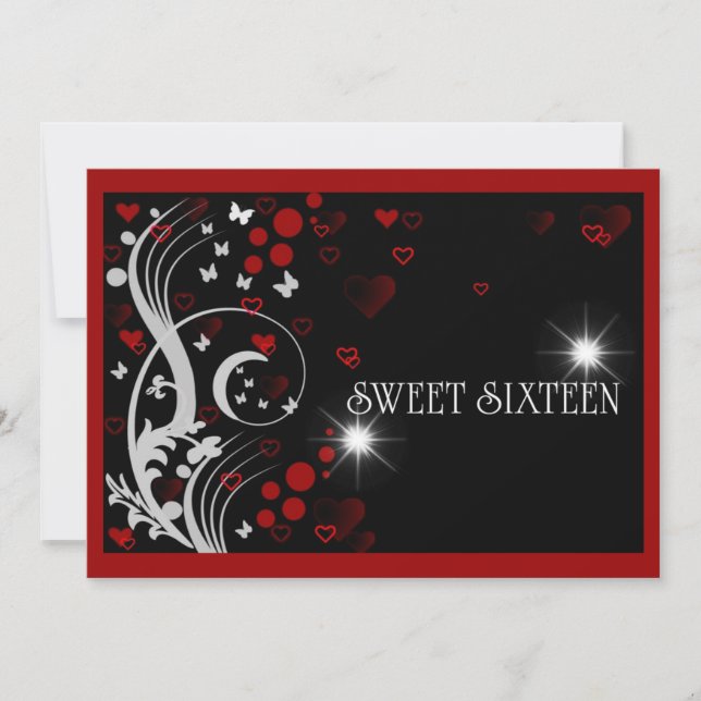 Invitation Papillons rouge sweet sixteen noir (Devant)