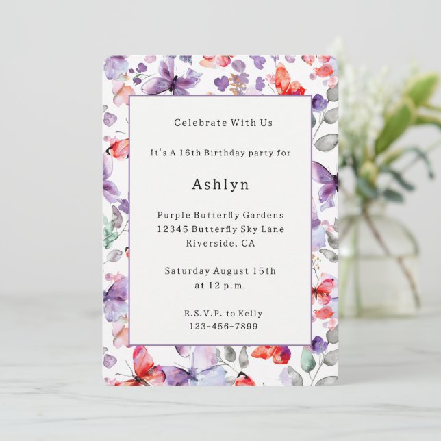 Invitation Papillons Rouge Violet Anniversaire   (Debout devant)