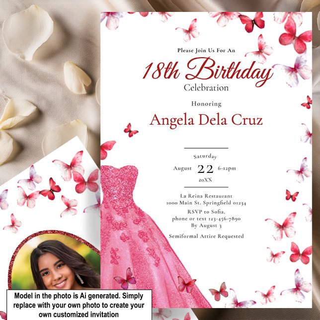 Invitation Papillons Rouges Et Robe 18ème Anniversaire Début (Créateur téléchargé)