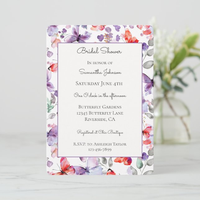 Invitation Papillons rouges violets Fête d'anniversaire de ma (Debout devant)