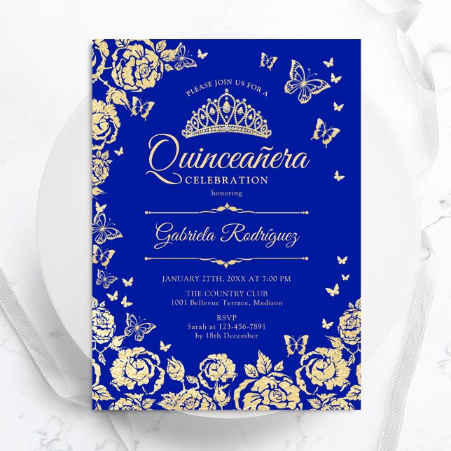 Invitation Papillons Royal Blue Gold Rose Quinceanera (Créateur téléchargé)