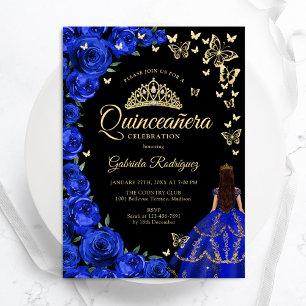 Invitation Papillons Royal Blue Gold Rose Quinceanera