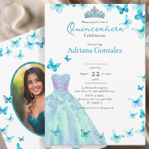 Invitation Papillons sarcelle Robe Diadème Photo Quinceanera