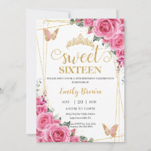 Invitation Papillons sweet sixteen rose Fuchsia Floral Or