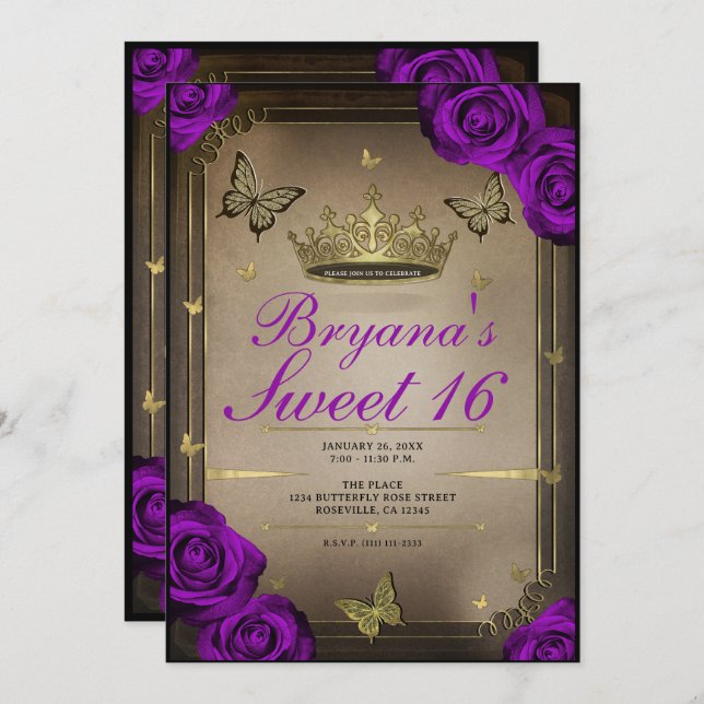 Invitation Papillons Tiara Bright Violet Rose doux 16 (Devant / Derrière)