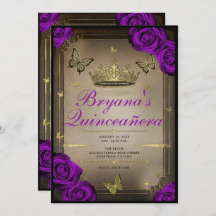 Invitation Papillons Tiara Bright Violet Roses Quinceañera