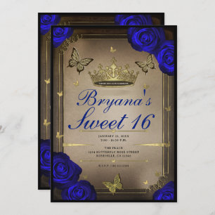 Invitation Papillons Tiara d'or Bleu Rose doux 16