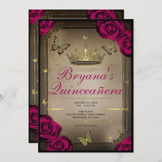 Invitation Papillons Tiara d'or Magenta Roses Quinceañera (Devant / Derrière)