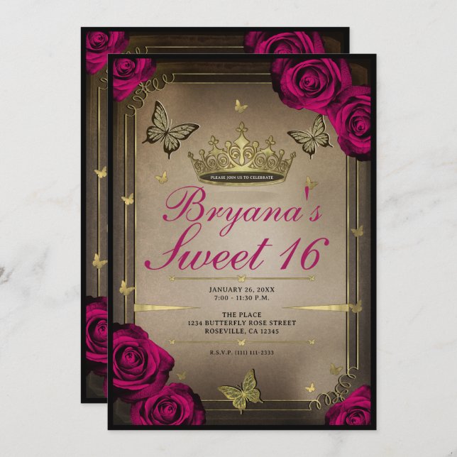 Invitation Papillons Tiara d'or Magenta Roses Sweet 16 (Devant / Derrière)