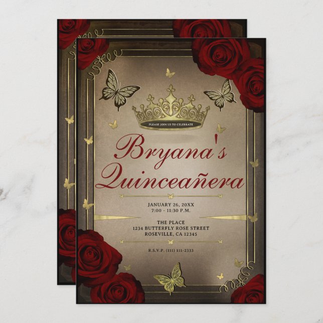 Invitation Papillons Tiara d'or Maroon Roses Quinceañera (Devant / Derrière)