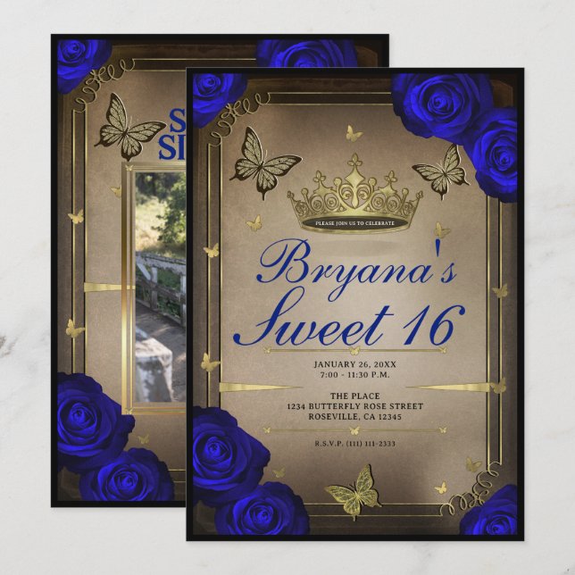 Invitation Papillons Tiara d'Or Roses Bleues Douze Ans (Devant / Derrière)