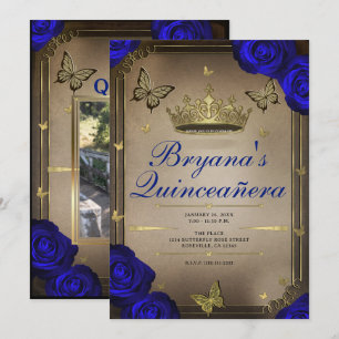 Invitation Papillons Tiara d'Or Roses Bleues Quinceañera