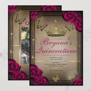 Invitation Papillons Tiara d'Or Roses Magenta Quinceañera