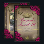 Invitation Papillons Tiara d'Or Roses Magenta Sweet 16<br><div class="desc">Personnalisez comme vous le souhaitez.

Remplacez la photo au dos par votre propre photo ou supprimez-la complètement.</div>