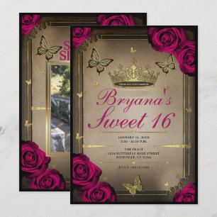Invitation Papillons Tiara Doré Roses Magenta Sweet 16