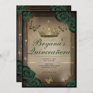 Invitation Papillons Tiara Emerald Green Roses Quinceañera