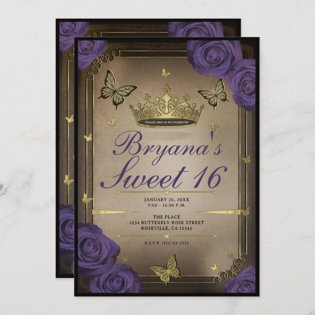 Invitation Papillons Tiara Gold Purple Rose Sweet 16 Photo (Devant / Derrière)