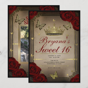 Invitation Papillons Tiara Or Roses Marron Fête des 16 ans Ph