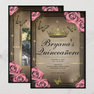 Invitation Papillons Tiara Or Roses Roses Quinceañera