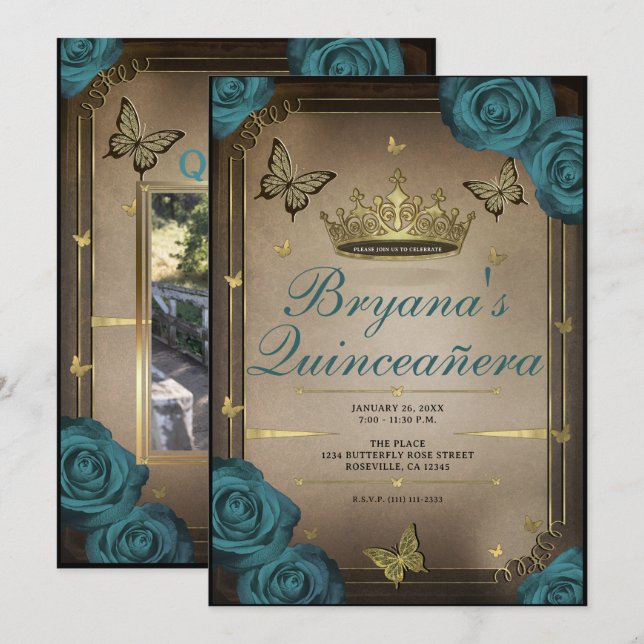 Invitation Papillons Tiara Or Roses Sarcelle Quinceañera (Devant / Derrière)