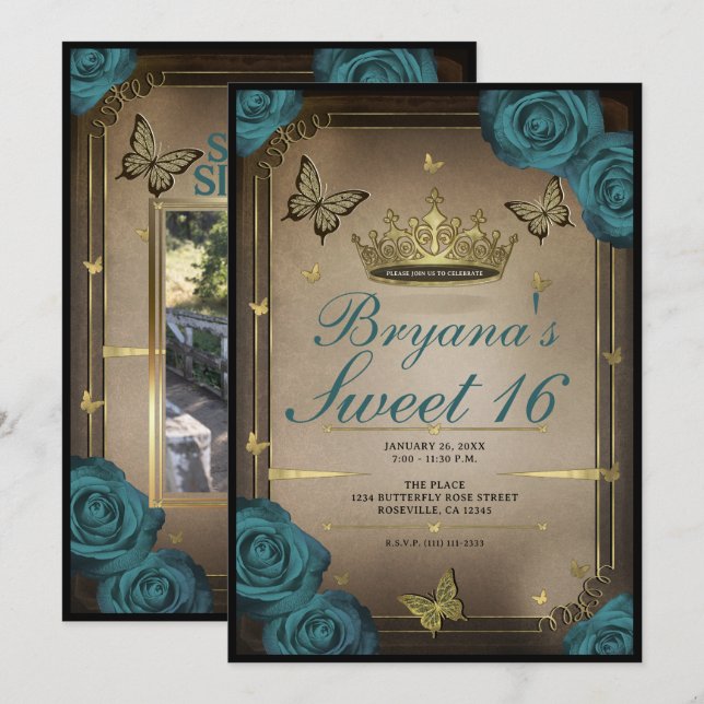 Invitation Papillons Tiara Or Roses sarcelle Sweet 16 (Devant / Derrière)
