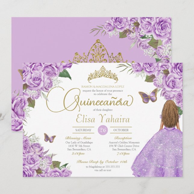 Invitation Papillons Tiara Rose pourpre Quinceanera (Devant / Derrière)