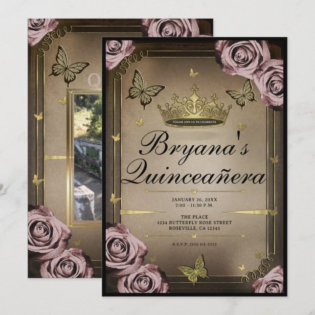 Invitation Papillons Tiara Roses Pâles Quinceañera (Devant / Derrière)