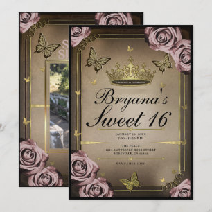 Invitation Papillons Tiara Roses Roses Pâles Fête des 16 ans 