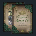 Invitation Papillons Tiara Roses Vert Émeraude Sweet 16<br><div class="desc">Personnalisez comme vous le souhaitez.

Remplacez la photo au dos par votre propre photo ou supprimez-la complètement.</div>