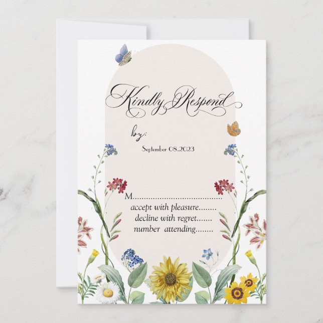 Invitation Papillons tournesol fleur sauvage RSVP (Devant)