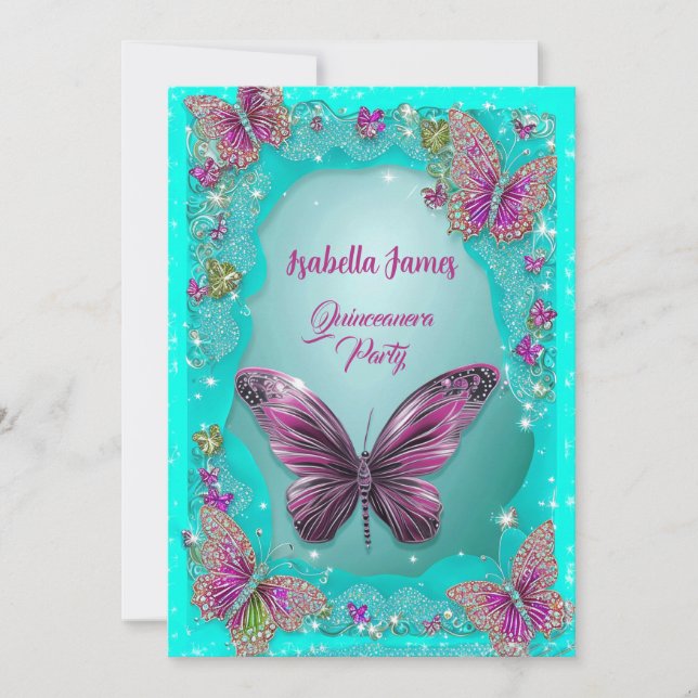Invitation Papillons turquoise violet brillant parties scinti (Devant)