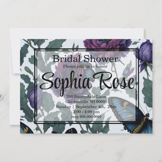 Invitation Papillons vintages à fleurs prune violette magenta (Devant)