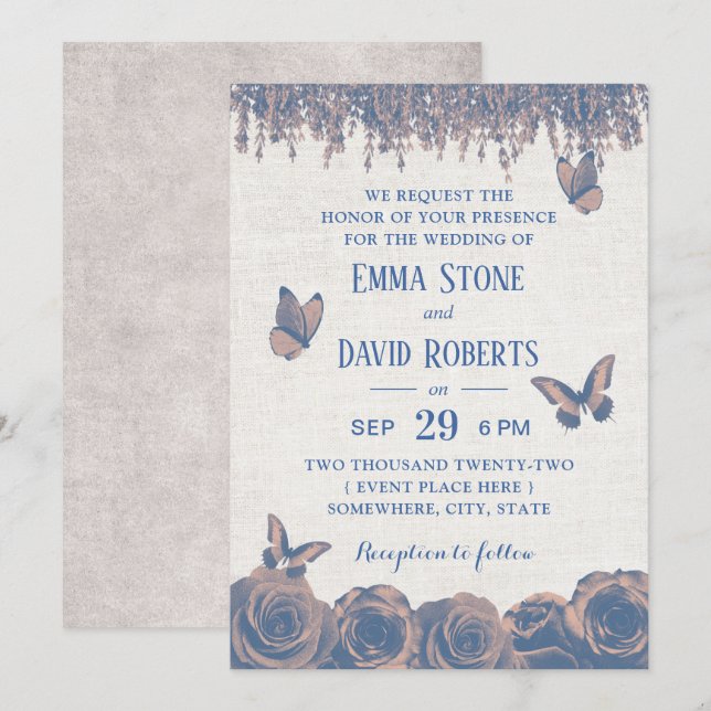 Invitation Papillons vintages Dusty Blue Floral Mariage (Devant / Derrière)