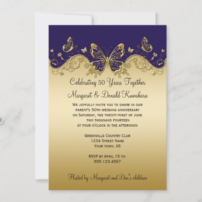 Invitation Papillons violet foncé et or 50e anniversaire (Devant)