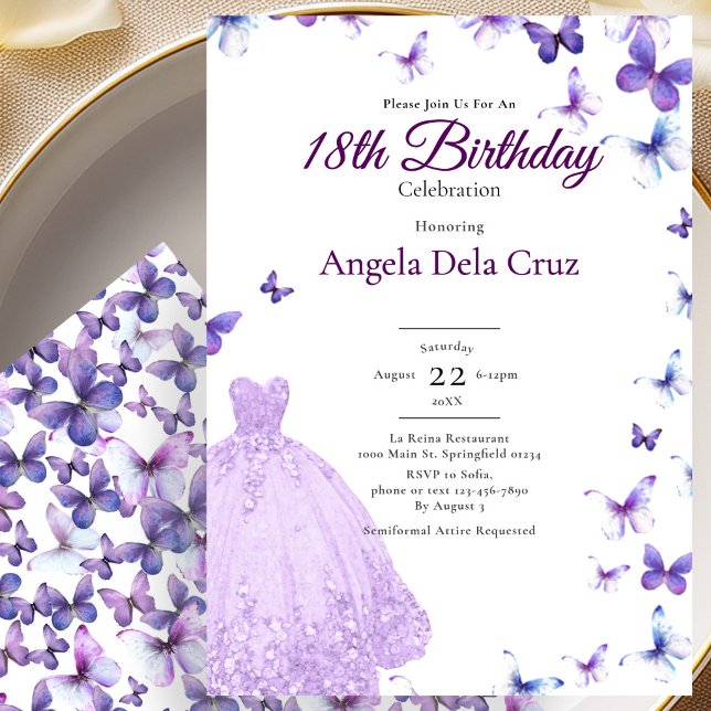 Invitation Papillons Violets Et Robe Début 18ème Anniversaire (Créateur téléchargé)