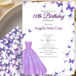 Invitation Papillons Violets Et Robe Début 18ème Anniversaire