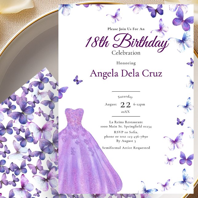 Invitation Papillons Violets Et Robe Début 18ème Anniversaire (Créateur téléchargé)