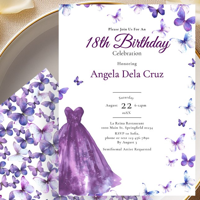 Invitation Papillons Violets Et Robe Début 18ème Anniversaire (Créateur téléchargé)